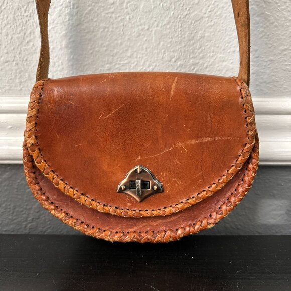 Vtg 70s Mini Tooled Leather Cross Body Bag Purse Hippie Boho Brown Turnlock - Picture 6 of 7